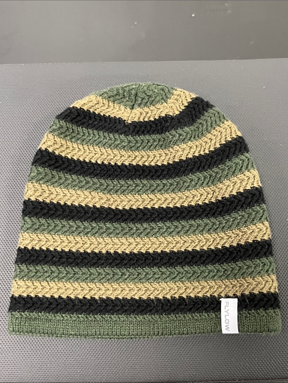 Flylow Green Black Tan Striped Knit Beanie #1256